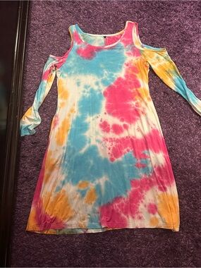 Tie-Dye Cold-Shoulder Dress in Blue, Pink & Yellow Size L